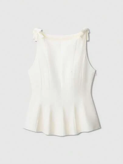 优雅纯色蝴蝶结装饰无袖荷叶边下摆衬衫，夏季