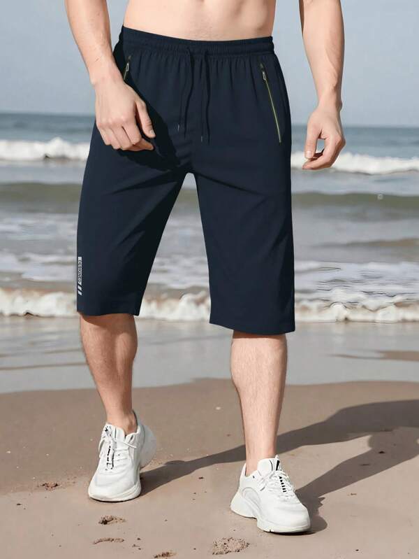 Men's Summer Drawstring Waist Zipper Pocket Casual Sport Running 7/10 Shorts