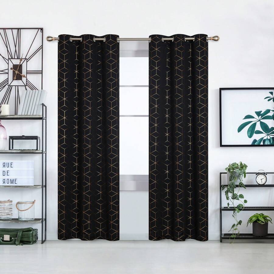2 Pcs Blackout Curtains For Bedroom & Living Room - Diamond Foil Print, Grommet Top, Thermal Insulated & Room Darkening (Blocks Sun, Saves Energy) - 黑色 - 查看 1