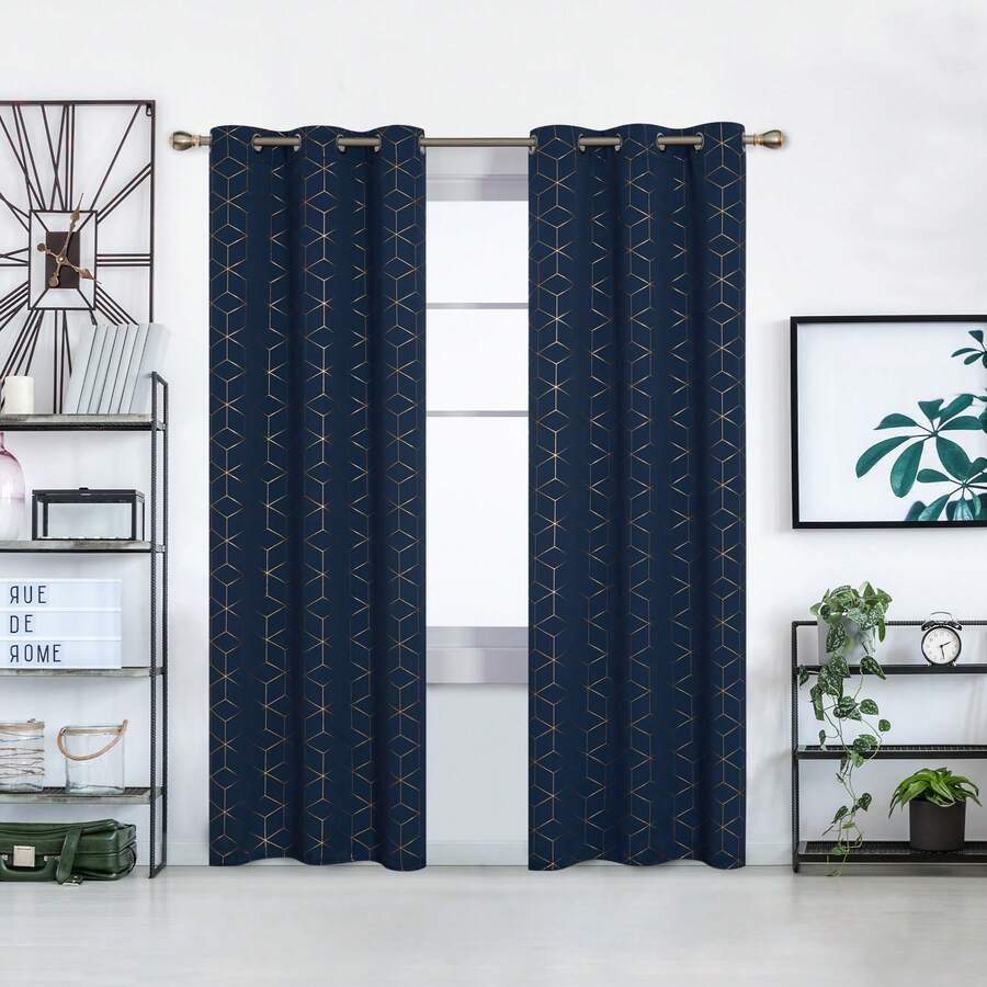 2 Pcs Blackout Curtains For Bedroom & Living Room - Diamond Foil Print, Grommet Top, Thermal Insulated & Room Darkening (Blocks Sun, Saves Energy) - 藏蓝色 - 查看 1