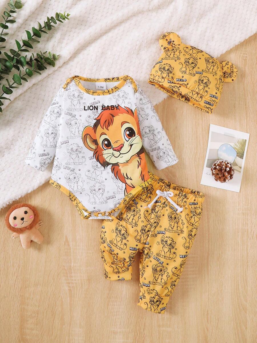 Bộ 3 món áo dài tay "Brave Lion Baby" cho bé mới biết đi, quần in hình sư tử và mũ có tai - Màu vàng - Xem 1