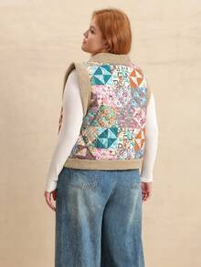 Rusttydustty Giacca smanicata bohémien con stampa geometrica colorblock e patchwork, calda e alla moda, adatta per l'autunno/inverno - Moka Marrone - Visualizzare 2
