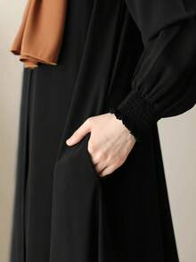 Robe longo elegante de cor sólida, estilo turco Dubai, estilo do Oriente Médio, para mulheres, com zíper, manga longa e evasê, abaya