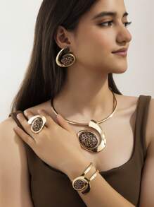 新款不对称夸张酒红色项链、耳环、戒指、手链首饰套装，独特设计，高端配饰 - 豹紋色 - 查看 2