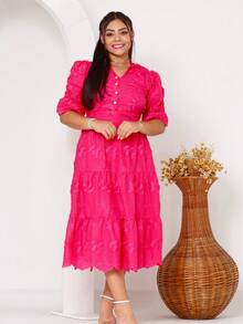 Women's Fashion Midi Dress In 3D Laise Fabric With Elastex On The Back And Button On The Front And Lining - 粉紅色3D - 查看 2