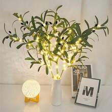 1 Stück künstlicher Olivenkranz mit LED-Lichterkette, Lichterkette, künstliche grüne Stiele, künstliche Olivenzweige, künstliche Blumen, Heimdekoration, Dekoration, Garten, Wohnzimmerdekoration, Vase Füllung, Hausdekoration, UV-geschützte künstliche Blätter, grüne Blätter, geeignet für Ostern, Raumdekoration Zubehör