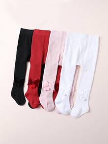 4双装女婴纯色蝴蝶结装饰连裤袜，经典百搭秋冬打底裤 - 彩色 - 查看 4