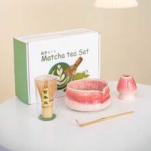 4 件套经典日本窑烧陶瓷抹茶茶具，包括带唇的抹茶碗、搅拌器、勺子，白色礼盒装，宋代茶道风格 - 淺粉色 - 查看 1