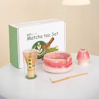 4pcs Classic Japanese Kiln-Fired Ceramic Matcha Tea Set, Includes Matcha Bowl With Lip, Whisk, Spoon, In White Color Gift Box, Song Dynasty Tea Ceremony Style