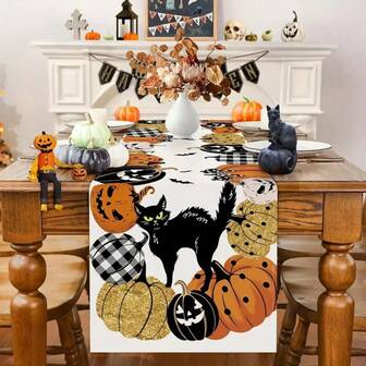 1pc Halloween Pumpkin And Bat Table Runner - Featuring A Black Cat Print Design, Suitable For Kitchen Table Decoration. Available In Multiple Sizes, Perfect For Family Parties Or Halloween Celebrations. Decorative Tablecloths, Durable Linen Tablecloths, Halloween Decorations.