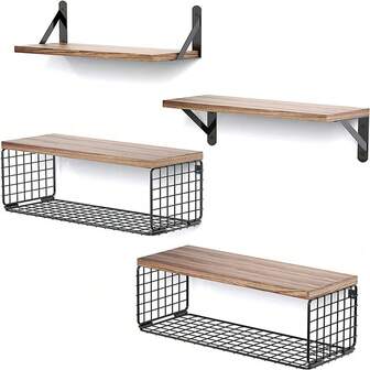 4 pezzi Mensole da parete in stile country con cestini in metallo, scaffale di stoccaggio per il bagno, mensola da parete per cucina, mensole galleggianti per camera da letto, decorazione da parete per il soggiorno