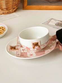 Cute Checkered Bear Covered Ceramic Dinnerware Set, Pink Girly Breakfast Bowl & Plate - Multicolor - View 3