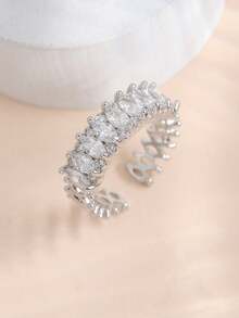 5pcs Elegant Cubic Zirconia Flower Open Copper Ring Set, Suitable For Women's Daily, Party And Wedding Wear - Silver - View 10
