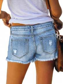 Distressed Ripped Loose Denim Shorts, Summer Casual Holiday Vibes - Medium Wash - View 5