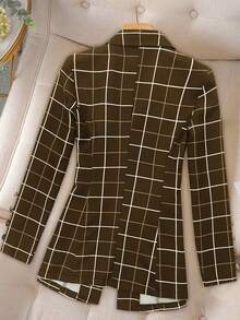 Women's Front Button Lapel Collar Long Sleeve Plaid Casual Blazer - Brown - View 2