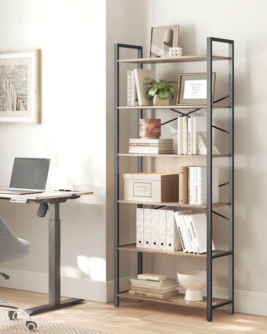 Estantería Alta de 6 Niveles, Librería con Marco de Acero, para Salón, Dormitorio, Oficina, Estudio, 30 x 80 x 186 cm, Estilo Industrial, Olmo Pardo y Negro Tinta - Olmo Pardo y Negro Tinta - Ver 1