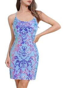 Teen Homecoming Dress Sequins Bodycon Mini Spaghetti Strap Floral Glitter - Sky Blue - View 1