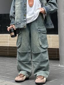 Boys' Loose Fit Casual Cargo Jeans Pants, Suitable For Daily, School, Outdoor Wear, Autumn