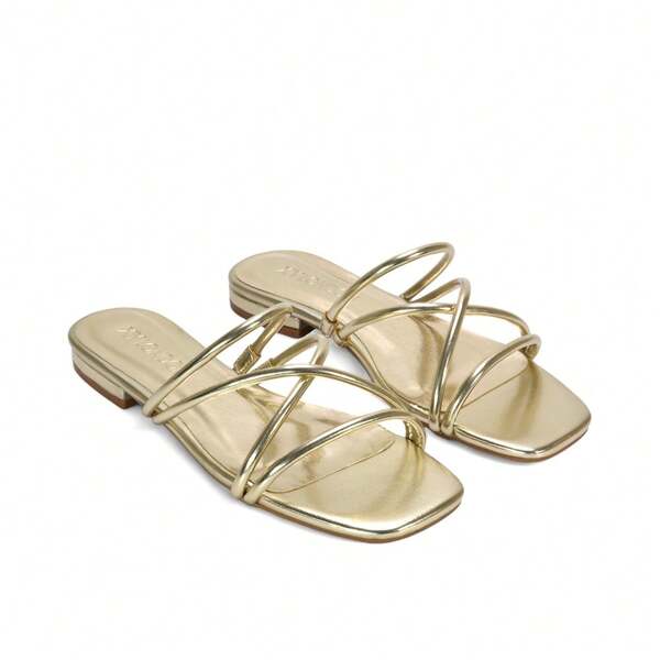 XY LONDON Suzzie Strappy Flat Slip On Square Toe Slider Mule Sandals For Spring Summer