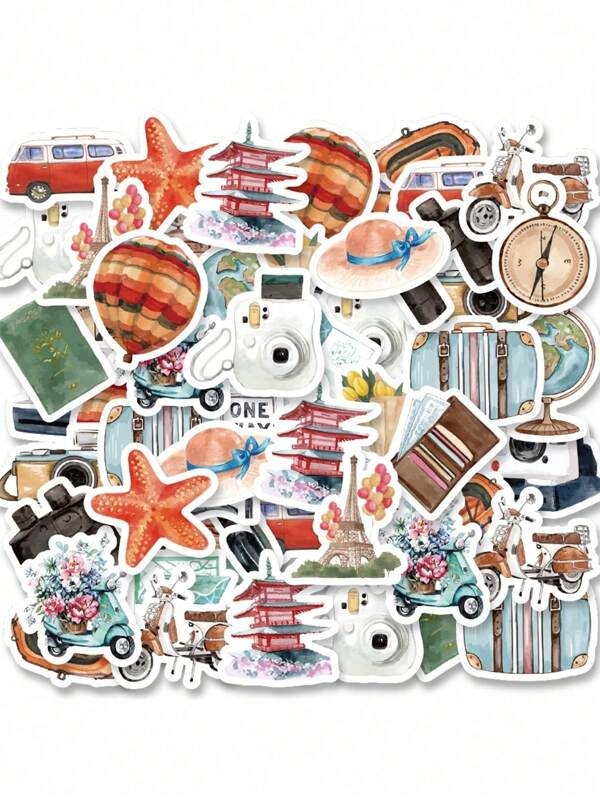 46pcs Travel Memory Stickers, Cartoon Items And Landscape Creative Decorative Stickers,Suitable For Photo Albums, Diaries, Cups, Notebooks, Mobile Phones, Scrapbooks.,For School Supplies,Back To School