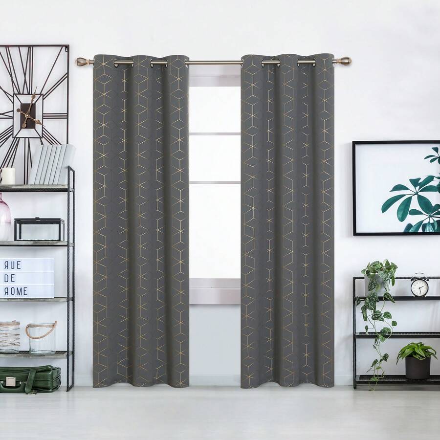2 Pcs Blackout Curtains For Bedroom & Living Room - Diamond Foil Print, Grommet Top, Thermal Insulated & Room Darkening (Blocks Sun, Saves Energy) - 淺灰色 - 查看 1