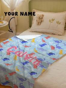1pc Customizable Text, Dinosaur Pattern, Memorial Blanket. Suitable As A Gift For Girls, Boys, Adults, Valentine's Day, Lightweight, Baby Blanket, Personalized Throw Blanket, Personalized Photo Blanket. Applicable For Home Sofa, Bed, Car, Bedroom, Living Room, Sofa Blanket, Rug, Children Blanket. - Multicolor - View 3