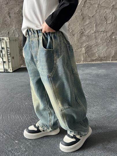 Boys' Loose Fit Straight Leg Jeans, Suitable For Casual, School, Outdoor Wear, Autumn