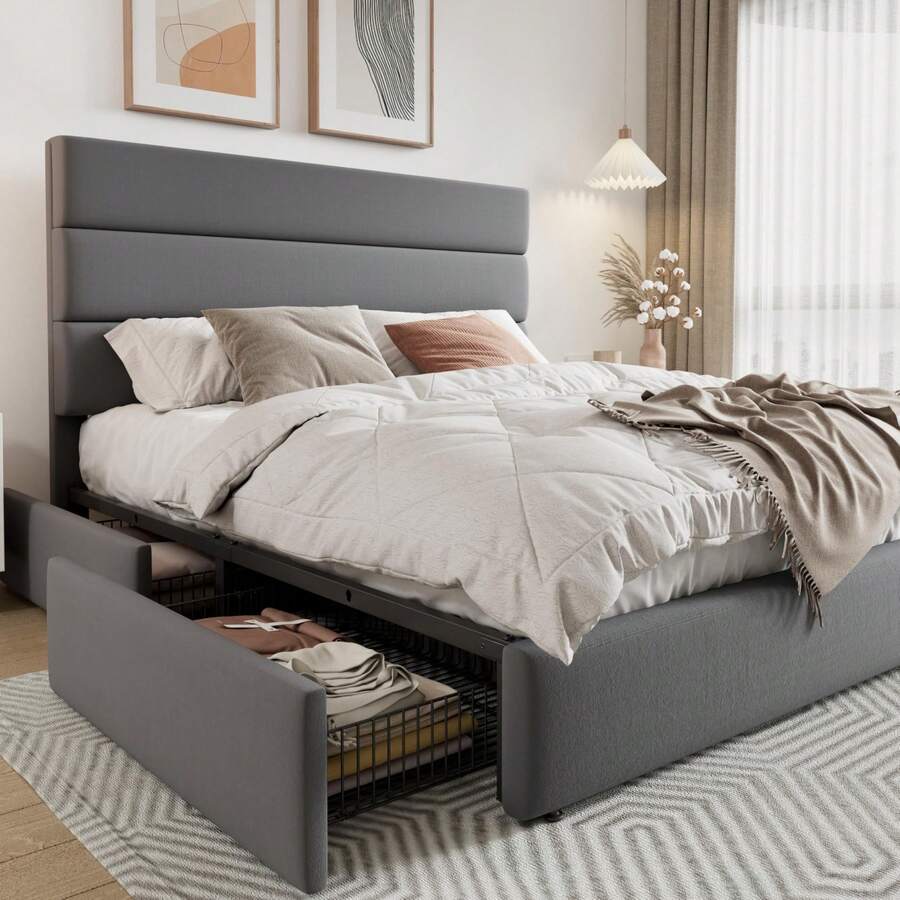 Allewie Full/Queen/King Size Platform Bed Frame With 4 Storage Drawers And Velvet Upholstered Headboard, Wooden Slats Support, Upholstered Mattress Foundation/No Box Spring Needed/Easy Assembly, Grey - 灰色 - 查看 1