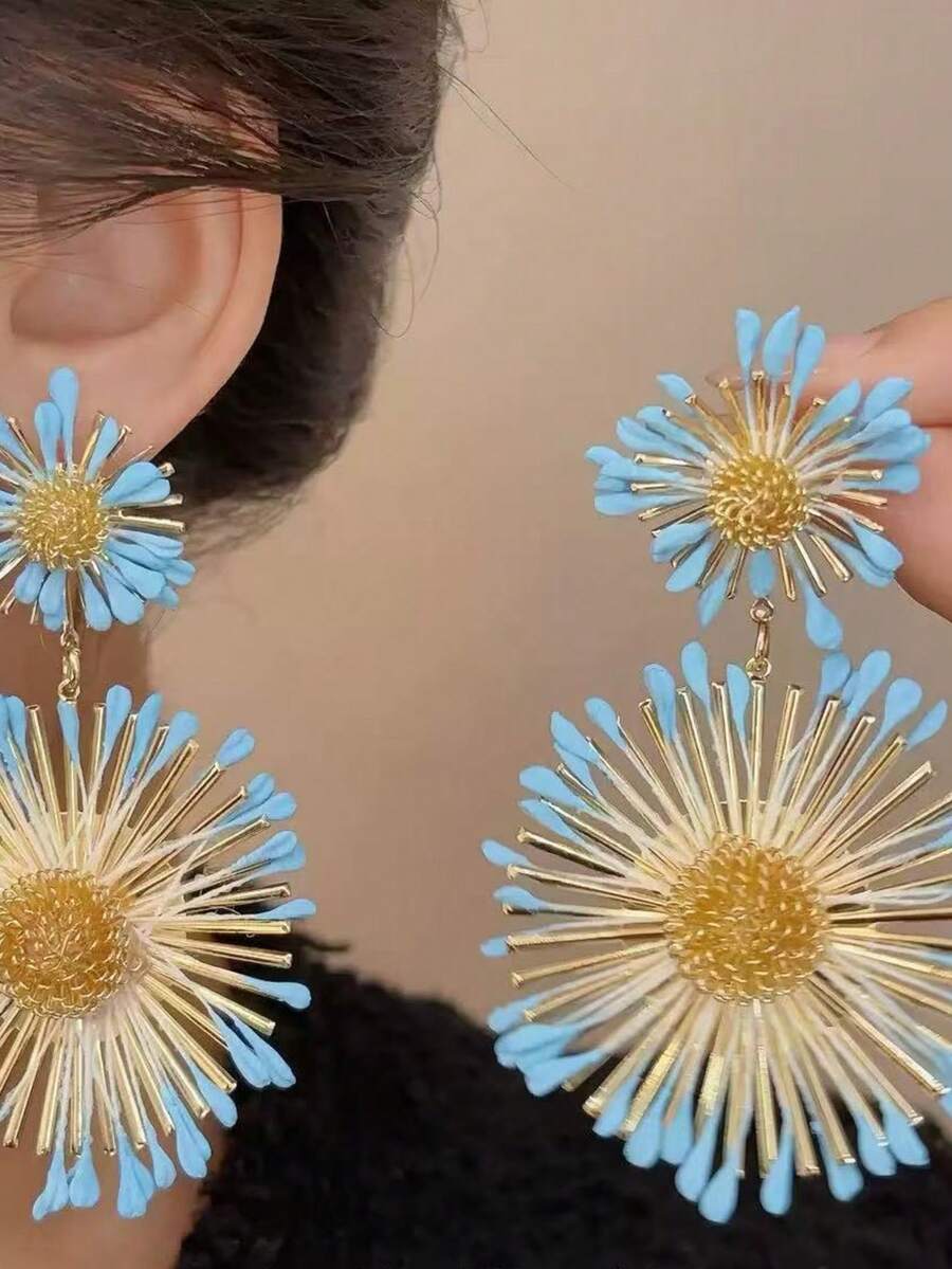 1 对手工制作的波西米亚风格复古蓝色花朵耳坠，适合海滩度假，简约时尚的女士珠宝