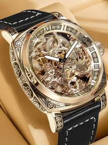 1pc Men's Black Leather Strap Gold Case Vintage Engraved Design Luminous Hollow Tourbillon Automatic Mechanical Watch