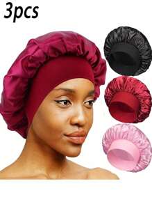 3pcs Women's New Wide Version Solid Color Silk Nightcap, Satin Hair Cap - Soft Shower Cap, Equipped With Comfortable Elastic Band, Suitable For Daily Use, Silk Cap, Satin Cap, Christmas Gift, Gift For Girlfriend, Gift For Boyfriend, Gift For Family, Gift For Dad, Gift For Mom, Suitable For Home, Bathroom And Bedroom Use. Good Helper For Home And Bathroom Decoration, Summer Back To School Season.