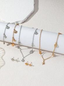 1 Set Of 4pcs Minimalist Alloy Starfish, Scallop, Shell, Conch Earrings, Necklace, Bracelet Jewelry Set For Women, Holiday & Daily Wear