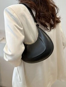 1pc Zipper Closure PU Solid Color Crescent Underarm Bag, Fashion Retro Shoulder Bag For Office/Work, Versatile For Women Daily Use - Black - View 4