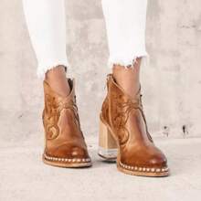 European And American Style Plus Size Chunky Heel  Boots For Women 2025 Autumn Winter New Printed Rivet  Side Zipper Fashion Boots - Màu Khaki - Xem 6
