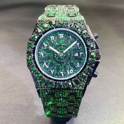 1pc New Men's Hip-Hop Watch Date Party Dial Large Diamond Green Ice Diamond Clock Fashionable Quartz Watch Luxurious Men's Luminous Hand Clock