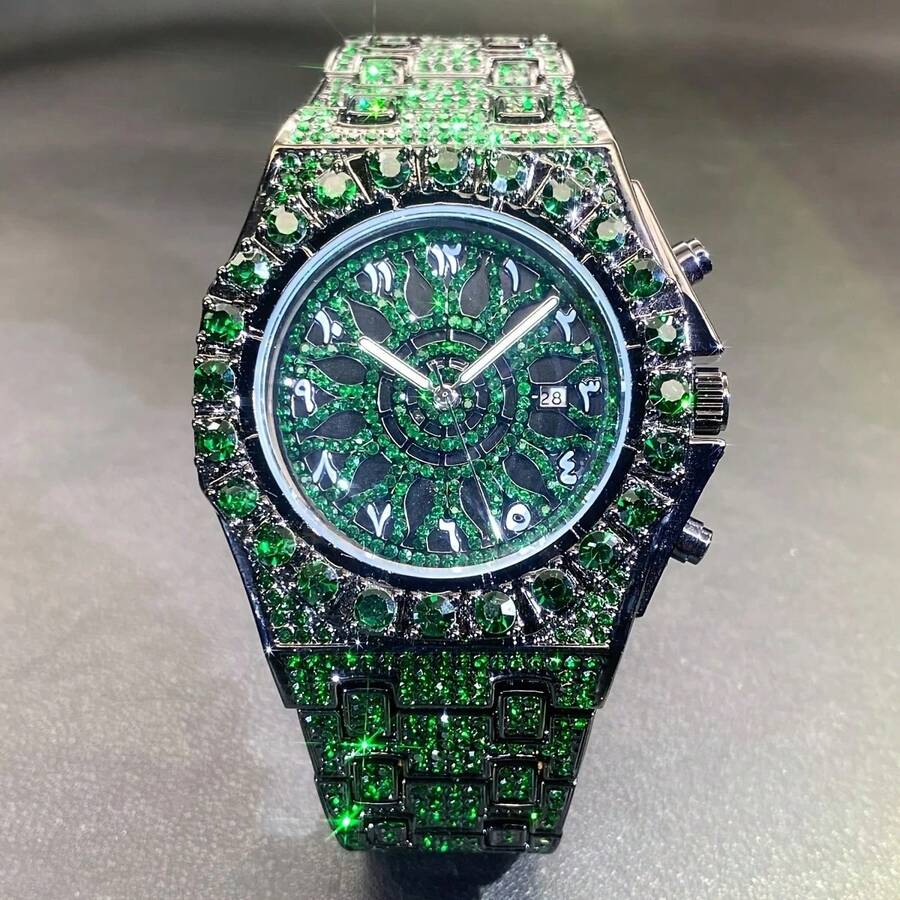1pc New Men's Hip-Hop Watch Date Party Dial Large Diamond Green Ice Diamond Clock Fashionable Quartz Watch Luxurious Men's Luminous Hand Clock - one-size - View 1