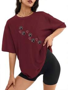 Camiseta Mujer Ciruela Estampado Primavera Verano Casual Suelta Cuello Redondo Manga Corta - Burdeos - Ver 1