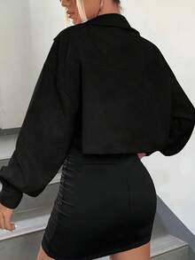 Women's Solid Color Drop Shoulder Long Sleeve Single-Breasted Casual Short Jacket