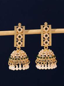 1pair Fashionable Faux Pearl Flower Decorated Hanging Earrings With Colorful Rhinestone Inlay,Charm Tassel, Traditional Pakistan & India Jhumka Earrings Suitable For Women's Daily Wear,Festival,Wedding,Party Gifts ﻿