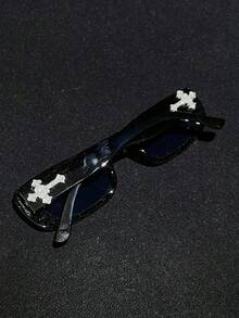 1pc Crystal Cross Heart Metal Decor Sunglasses, Retro Small Square Frame Tinted Vintage Classic Fashion Stylish Luxury Travel Eyewear, Tortoiseshell - Khung đen/phim xám toàn phần (có hình chữ thập kim cương) - Xem 10