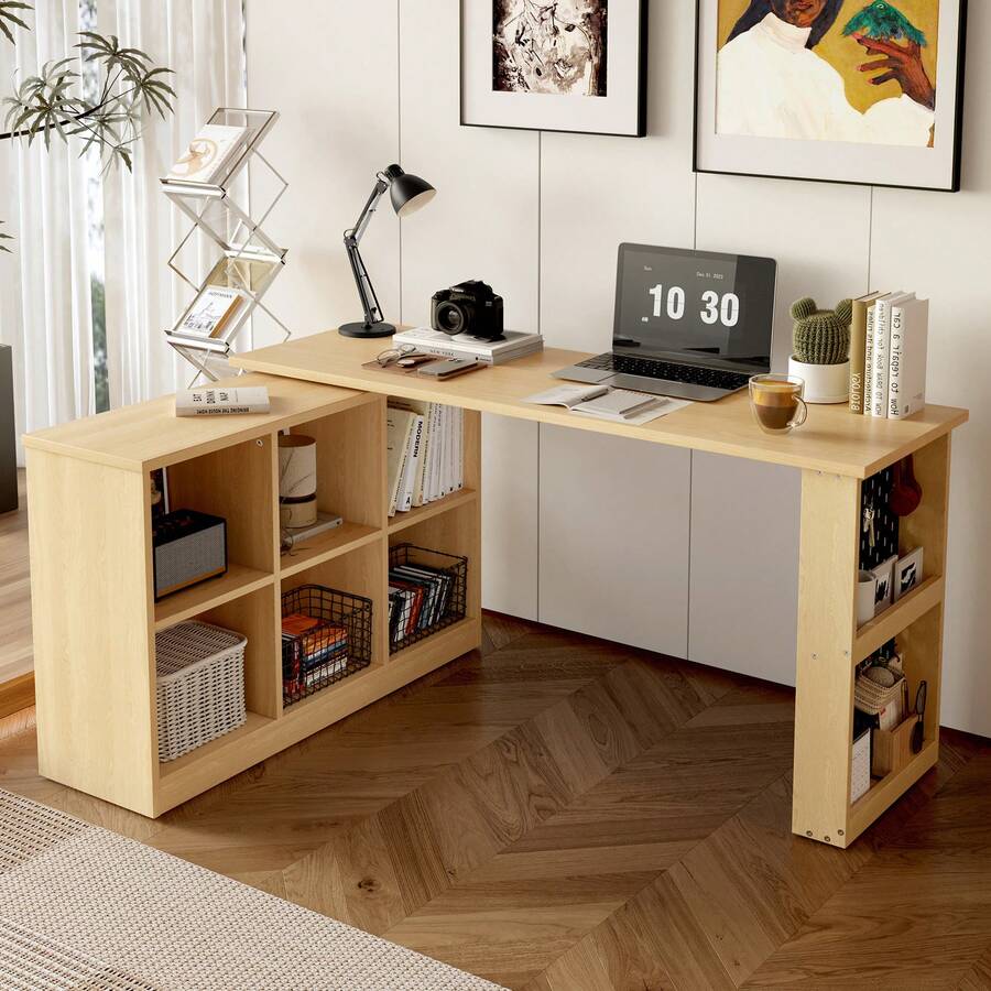 140 x 104 x 75cm Multifunktionaler Bürotisch, Sechsfach-Lagerschrank + Ablage, breite und dicke Schreibtischplatte, Lochplatte + Ablage, super belastbar, veränderbare Form