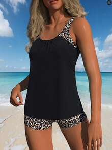 Bathing Suits For Women Two Piece Swimsuit Modest Swimwear With Shorts High Waisted Drawstring Swimming Suit - Navy Blue - View 4