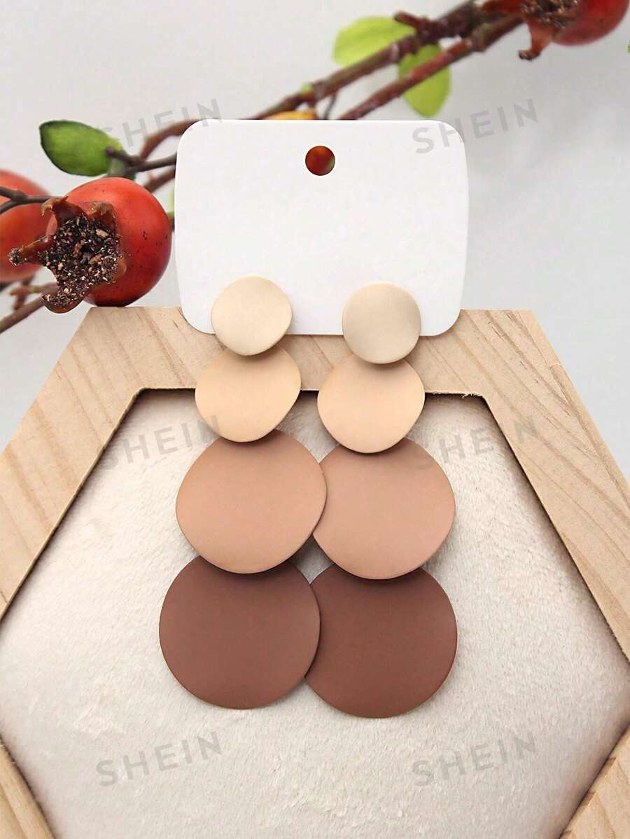 一对时尚夸张渐变圆形吊坠耳环 - 咖啡棕 - 查看 1