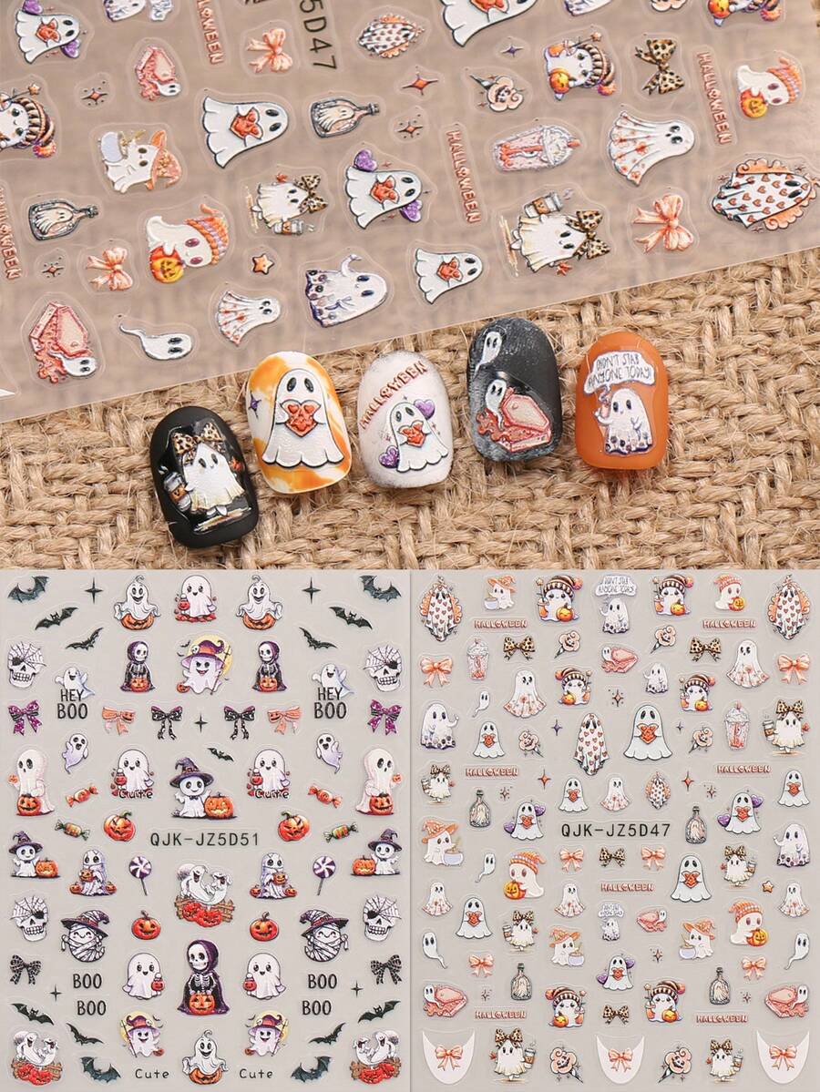 2 件可爱卡通万圣节美甲浮雕贴纸 - 鬼魂、南瓜、蜘蛛、小鬼和花朵图案，女士自粘美甲贴花，5D 浮雕饰面，可爱、有趣和卡通主题，易于粘贴指甲装饰、DIY、节日礼物、派对风格 - 彩色 - 查看 1