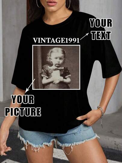Customized Personalized Plus Size Women's Loose T-Shirts - Add Your Own Images (Selfies/Family Photos/Pet Photos/Friend Photos/Party/Team/Boyfriend/Girlfriend/Pets/Couple Outfits/Work Clothes) And Your Text For Anniversary Gifts/Birthday Gifts/Wedding Gifts