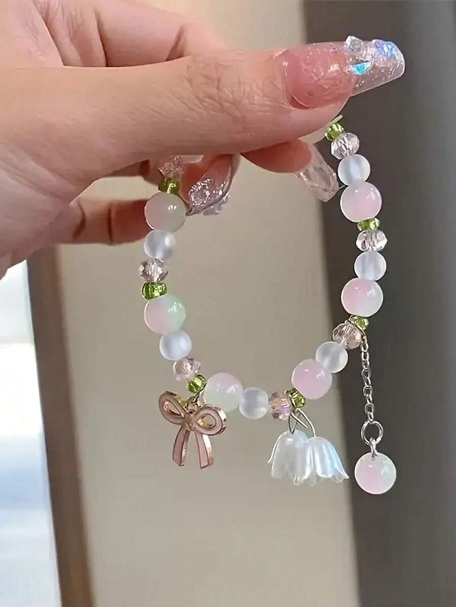 1pc Fashion Bow Flower Beaded Bracelet, Suitable As Gift For Women On Valentine's Day, Mother's Day - Bowknot Lily Of the Valley Bracelet - View 1
