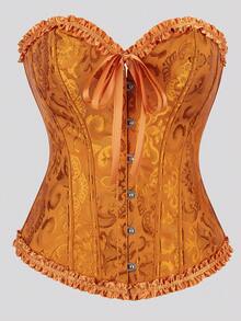 女式花卉提花荷叶边下摆紧身胸衣短款上衣，紧身腰部束腰上衣，适合新年派对、情人节、节日、圣帕特里克节、万圣节服装