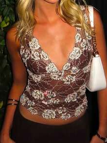 Women's Sequin Sparkle Tank Tops Deep V Neck Lace Floral See Through Summer Sheer Crop Tank Top - 卡其色 - 查看 3