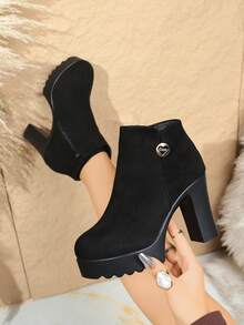 Women's New Autumn/Winter Suede Thick-Sole Wedge High Heel Ankle Boots, Fashion & Comfortable, Side Zipper, Metallic Heart-Shaped Decor Buckle On Outer Side,Platform Heels For Women - Black - View 3