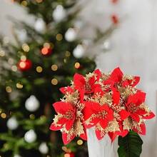 36pcs Christmas Poinsettia Artificial Flowers Decor, Christmas Tree Wreaths Garland Decor, Glitter Flowers Picks Decor For Xmas New Year Wedding Party Ornaments,Christmas